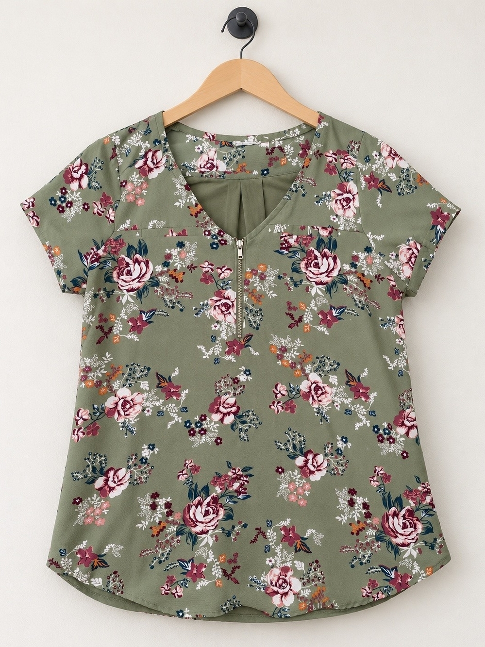 Olive Floral Zip V-Neck Short Sleeve Blouse